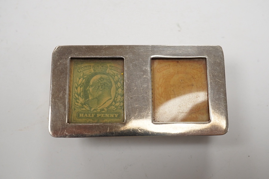 An Edwardian silver twin compartment stamp case, Deakin & Francis, Birmingham, 1902, 61mm. Condition - fair